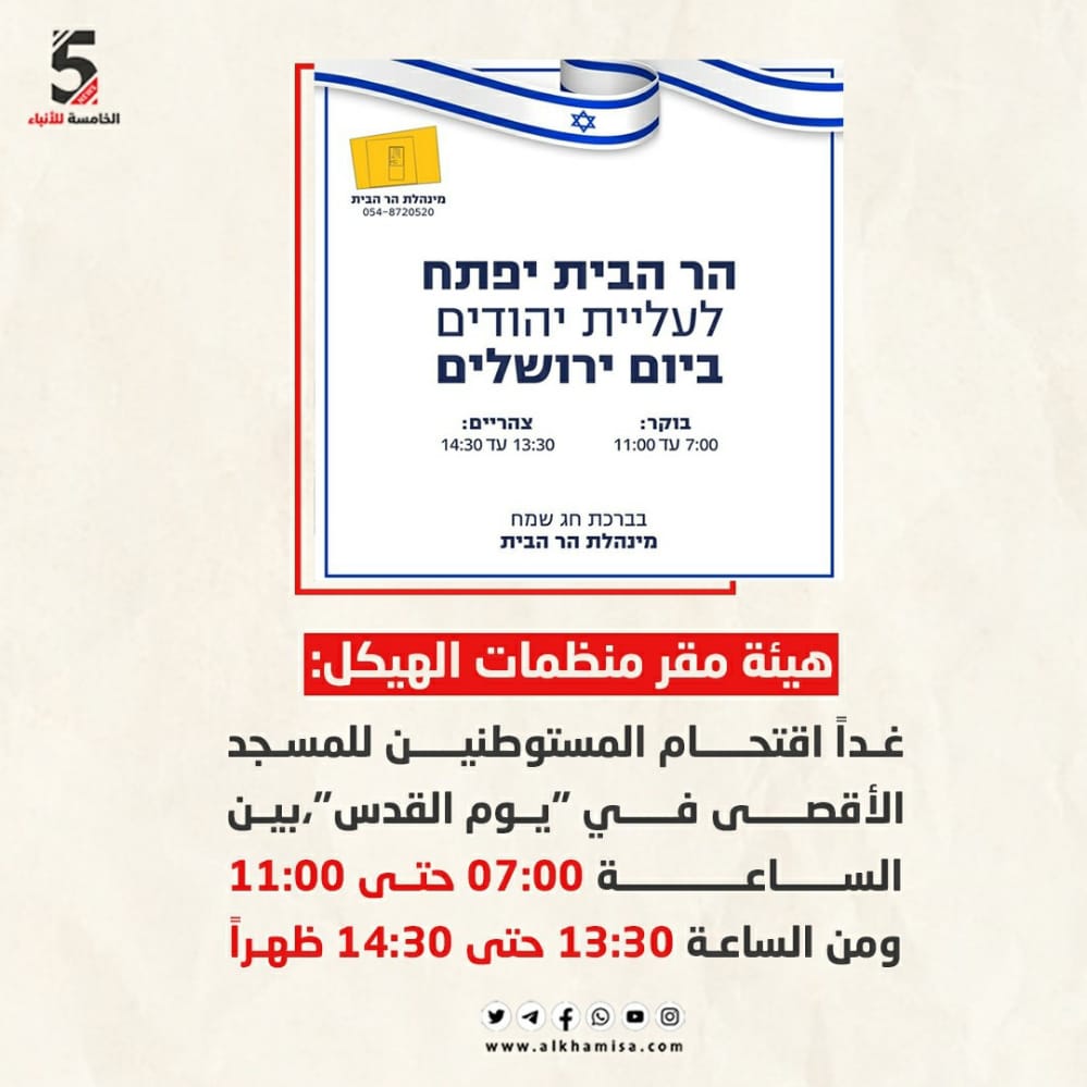 هيئة مقر منظمات الهيكل: غذا اقتحام المستوطنين للمسجد الاقصى في يوم القدس