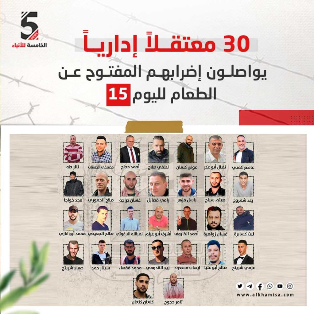 30 معتقلاً إدارياً يواصلون إضرابهم المفتوح عن الطعام لليوم 15