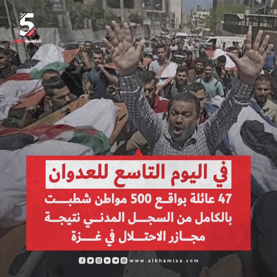 في اليوم التاسع للعدوان.. 47عائلة بواقع 500 مواطن شطبت من السجل المدني نتيجة مجازر الاحتلال في غزة