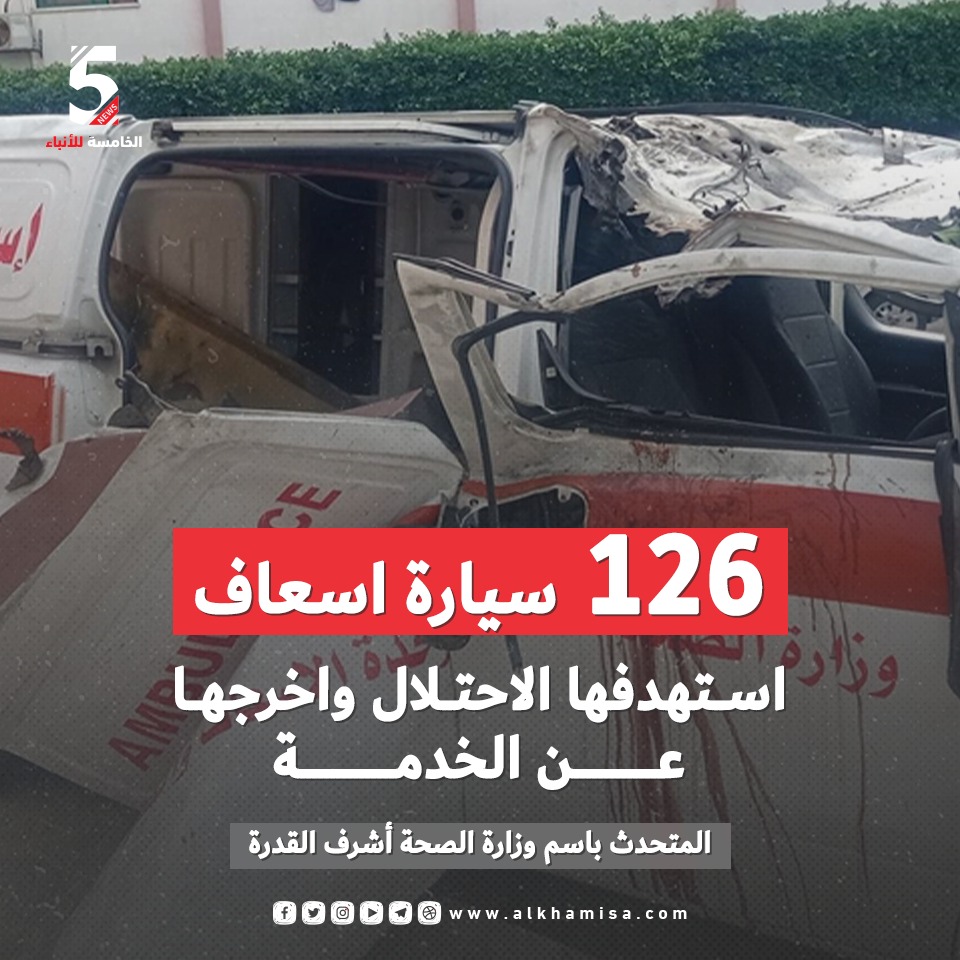 أشرف القدرة المتحدث باسم وزارة الصحة الفلسطينية في قطاع غزة، 126 سيارة اسعاف استهدفها الاحتلال وأخرجها عن الخدمة