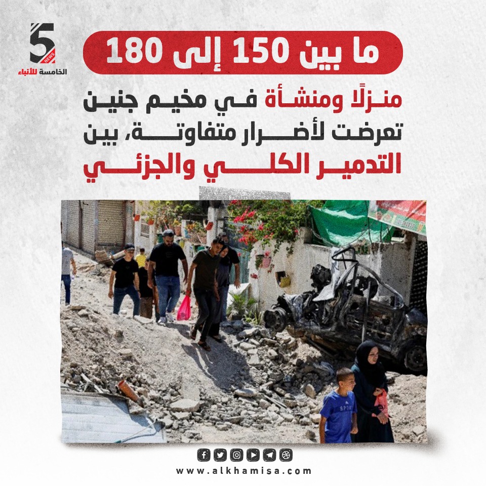 مابين 150 الى 180 منزلاً ومنشأة في مخيم جنين تعرضت لأضرار متفاوتة بين التدمير الكلي والجزئي