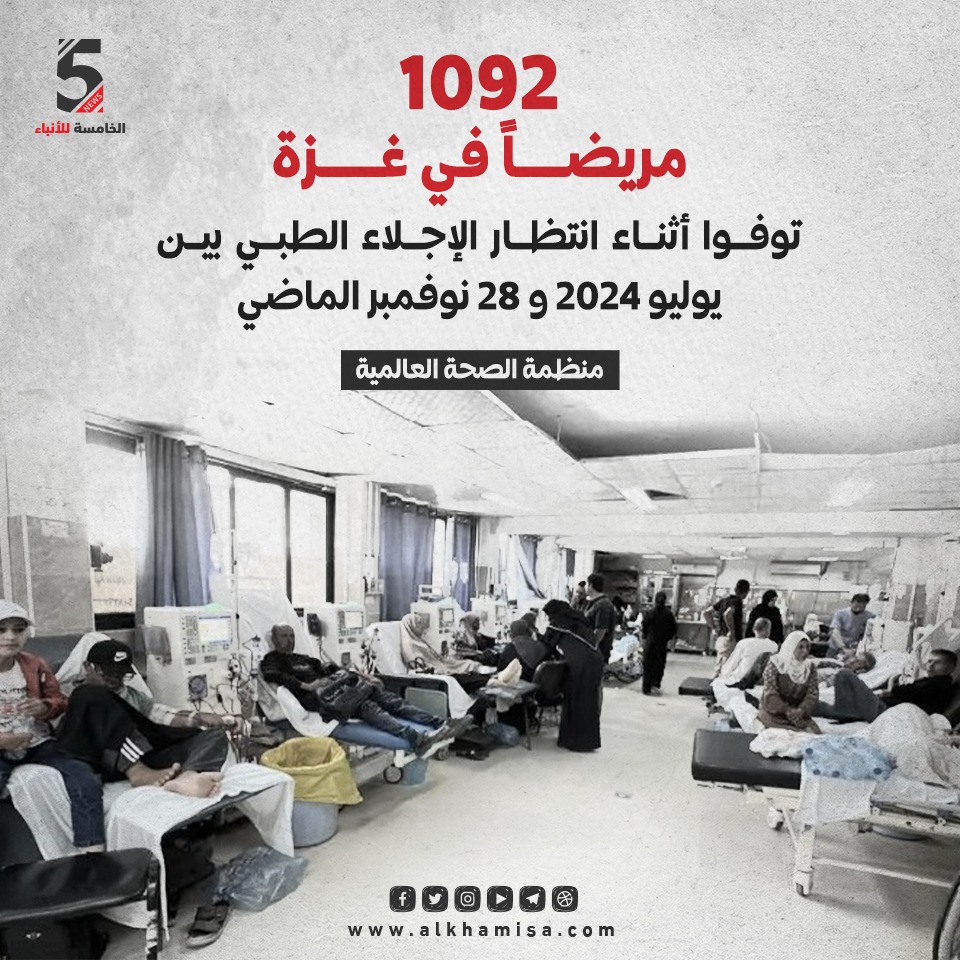 1092 مريضاً في غزة توفوا أثناء انتظار الإجلاء الطبي