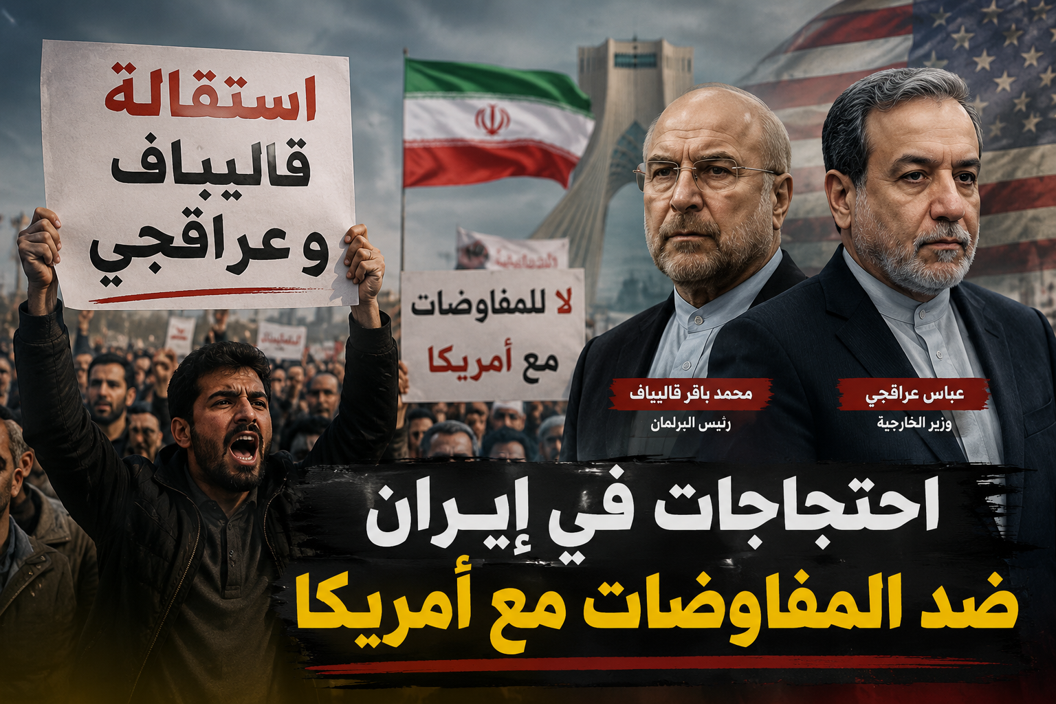 احتجاجات ضد المفاوضات الأمريكية الإيرانية تطالب باستقالة قاليباف وعراقجي