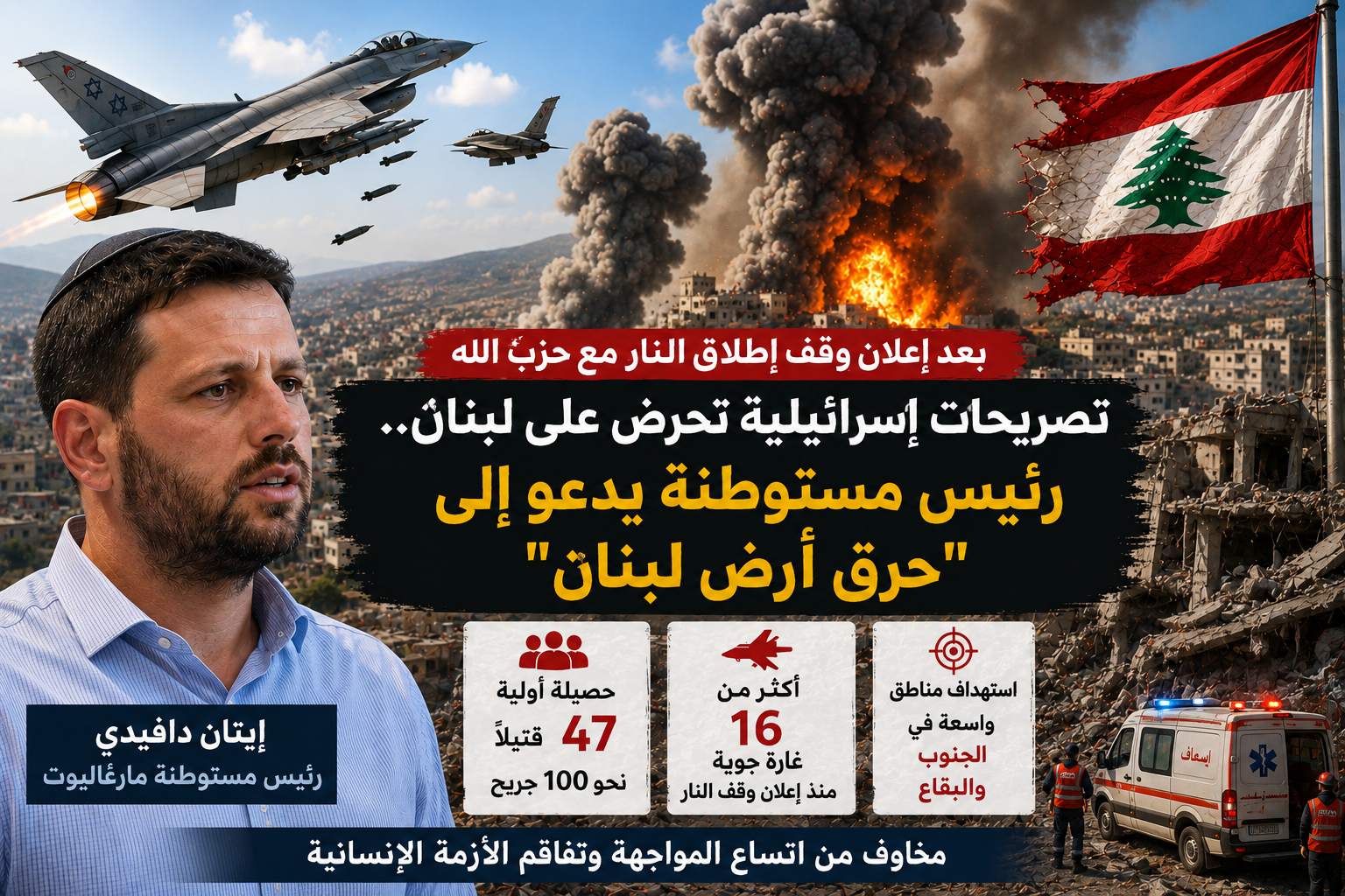 تصريحات إسرائيلية بعد وقف إطلاق النار.. رئيس مستوطنة يدعو إلى "حرق أرض لبنان"
