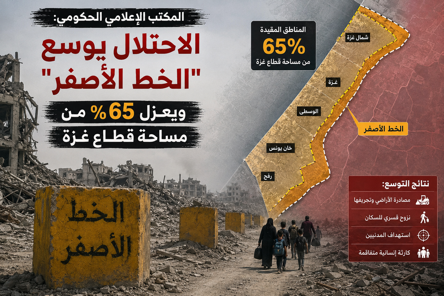 الإعلام الحكومي: الاحتلال يوسّع "الخط الأصفر" ويعزل 65% من قطاع غزة