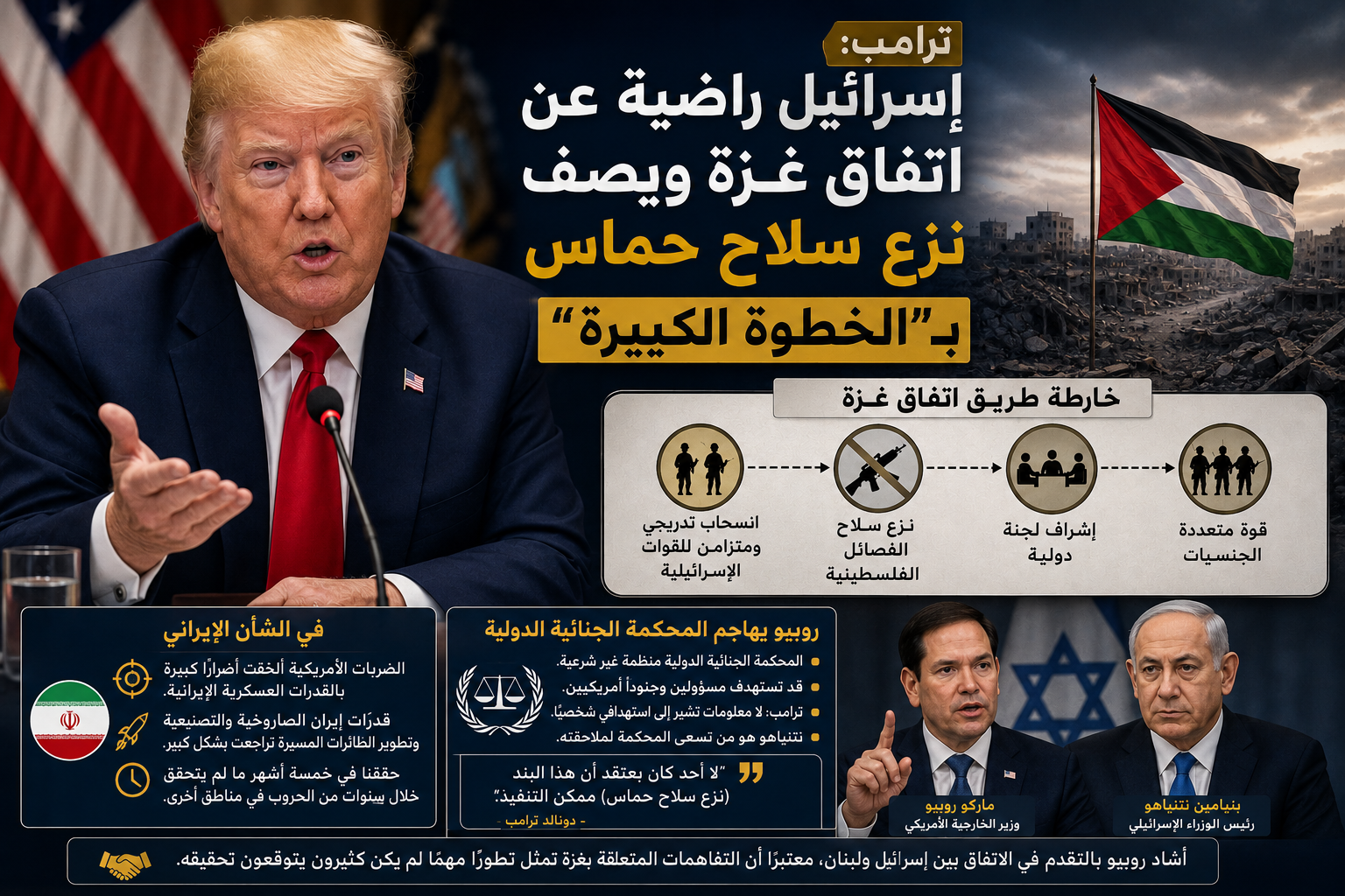 ترامب: إسرائيل راضية عن اتفاق غزة ويصف نزع سلاح حماس بـ"الخطوة الكبيرة"