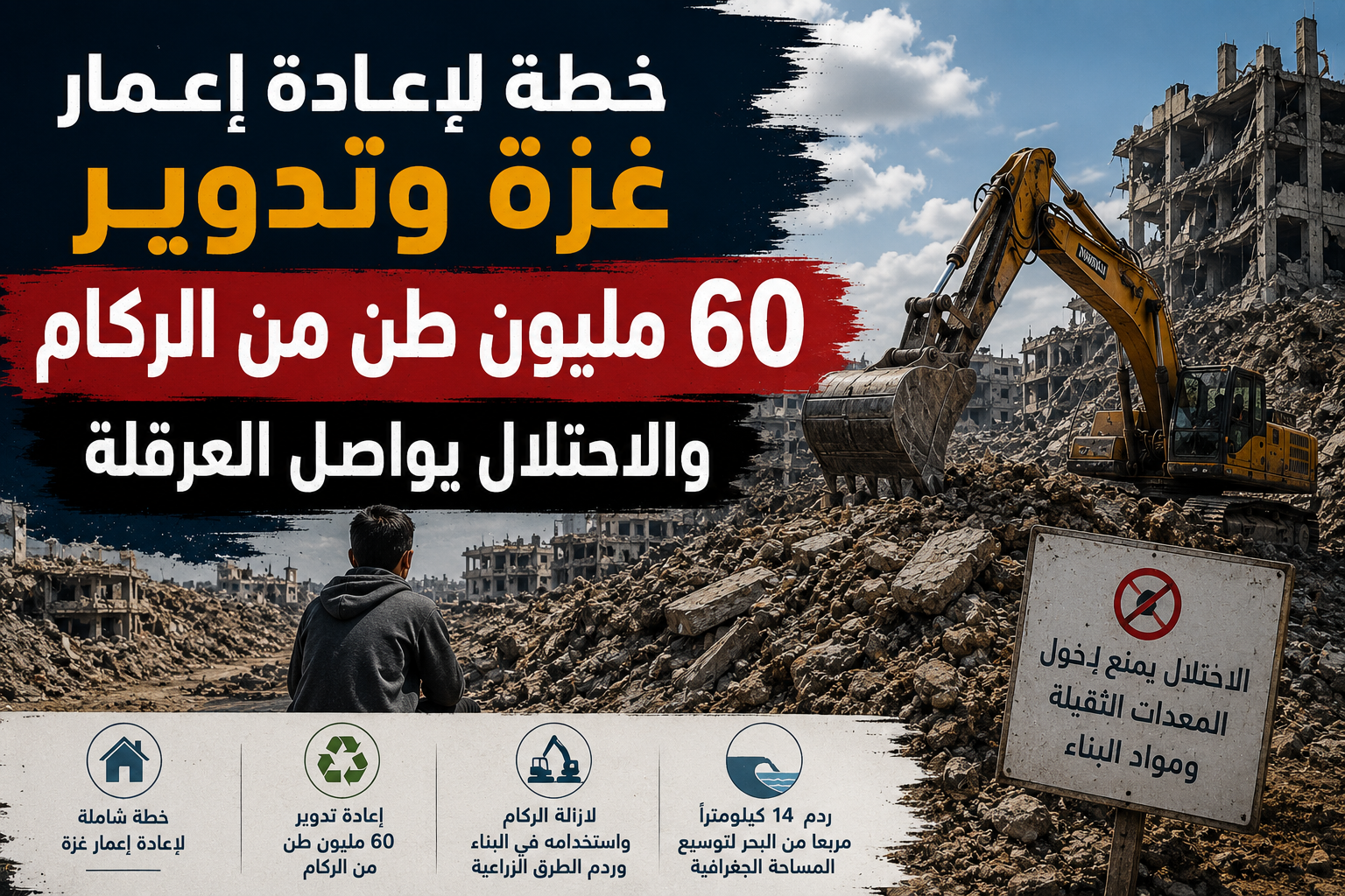خطة لإعادة إعمار غزة وتدوير 60 مليون طن من الركام.. والاحتلال يواصل العرقلة