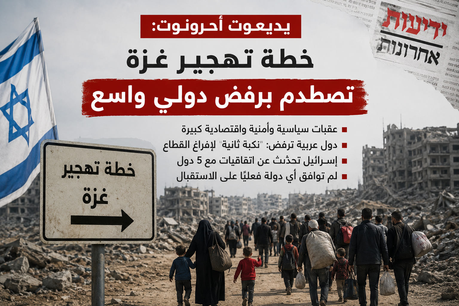 يديعوت أحرونوت: خطة تهجير غزة تصطدم برفض دولي واسع