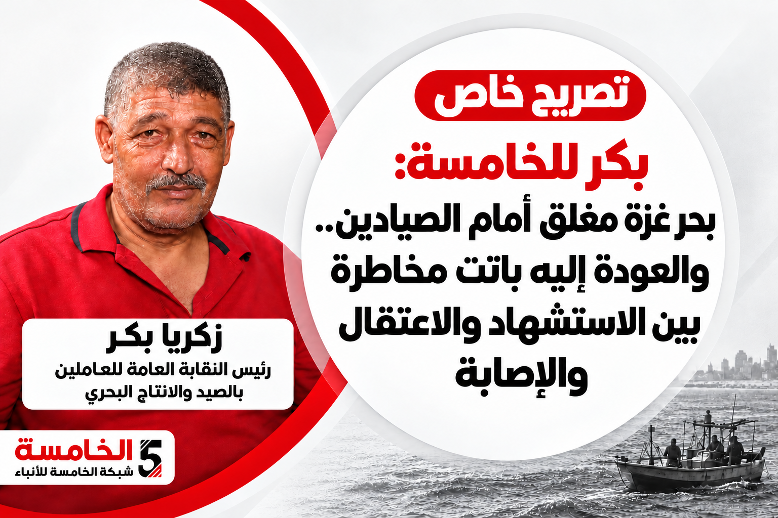 بكر للخامسة: بحر غزة مغلق أمام الصيادين.. والعودة إليه باتت مخاطرة بين الاستشهاد والاعتقال والإصابة